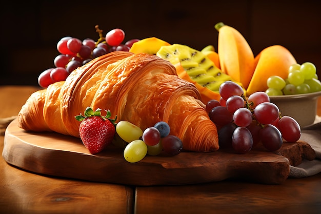 Fresh fruit and gourmet croissant on rustic wood generated