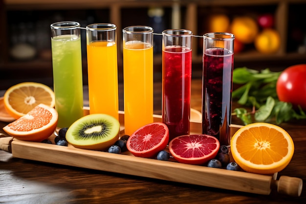 Fresh fruit juices in glasses on a wooden table