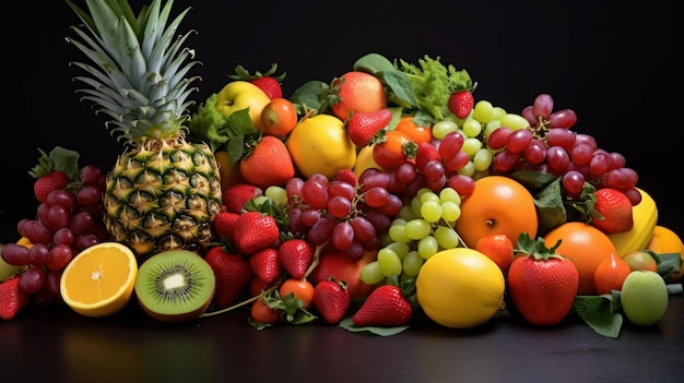 Fresh fruit medley like berries citrus fruits and tropical fruits arranged AI generated