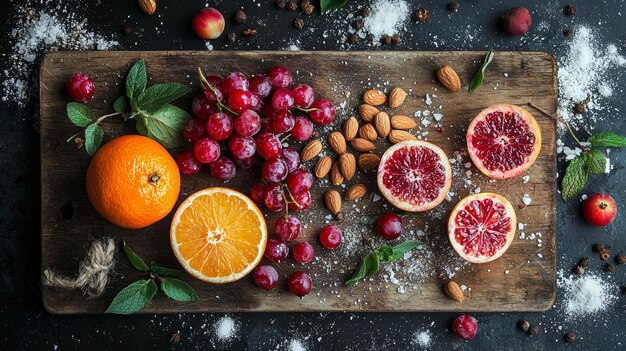 Photo fresh fruit and nuts on wooden board with salt