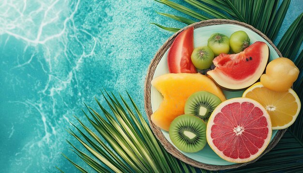 Photo fresh fruit plate and set of summer fashion beach accessories top view from above overhead trop