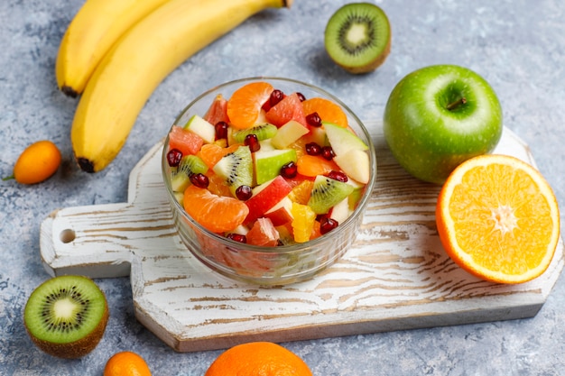 Fresh fruit salad in the bowl with fresh fruits.