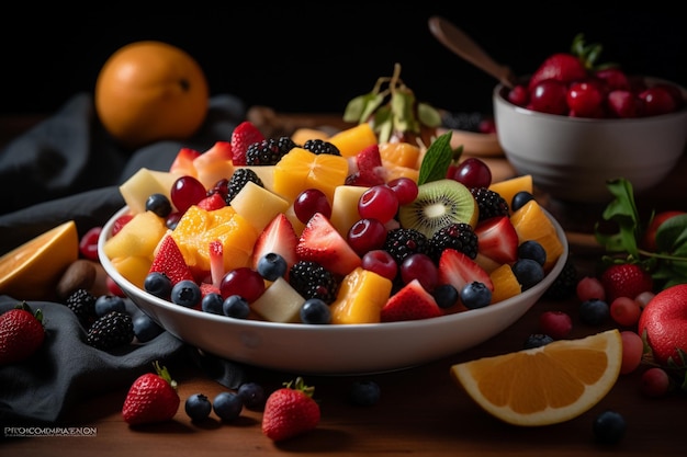 Fresh fruit salad closeup food photography low angle