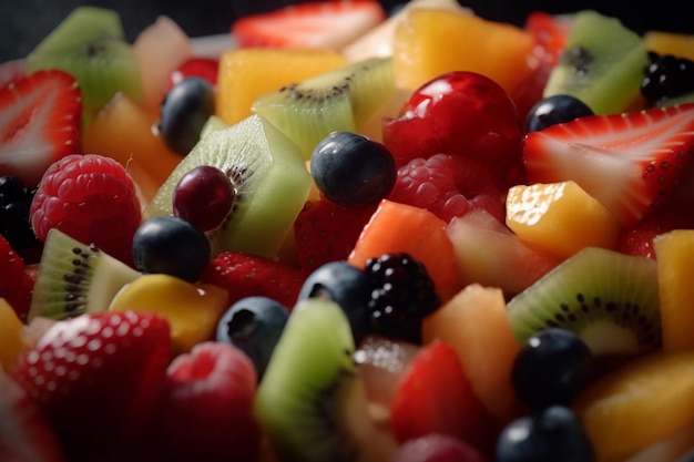 Fresh fruit salad closeup food photography low angle