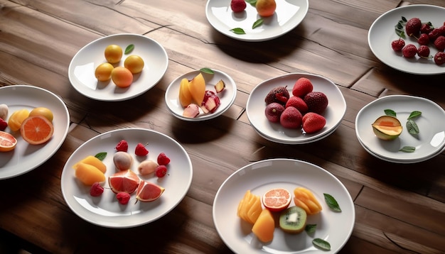 Fresh fruit salad displayed on wooden table generated by AI