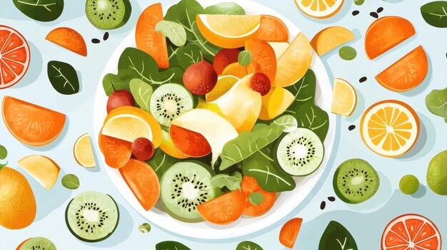 Photo fresh fruit salad with kiwi orange and grapefruit on blue background