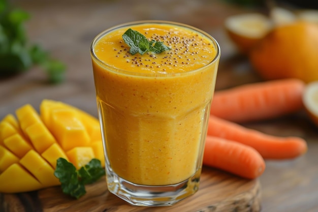 Fresh fruit smoothie with orange banana mango carrot blend served on a wooden surface