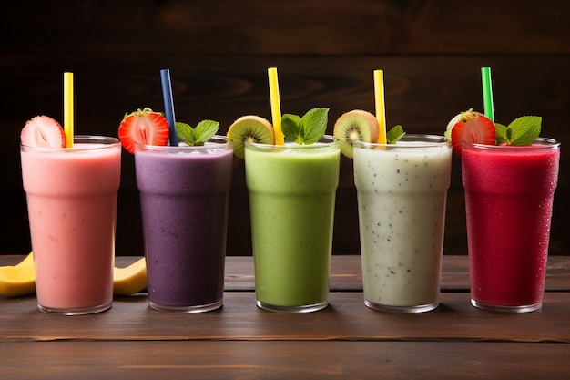 Fresh fruit smoothies on wooden background