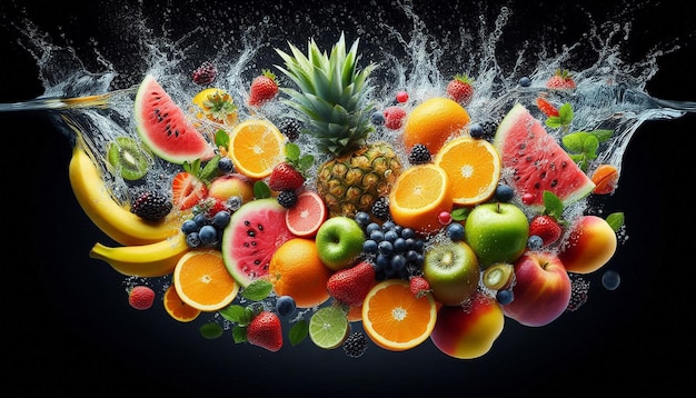 Fresh Fruit Splashing in Water Against a Black Background