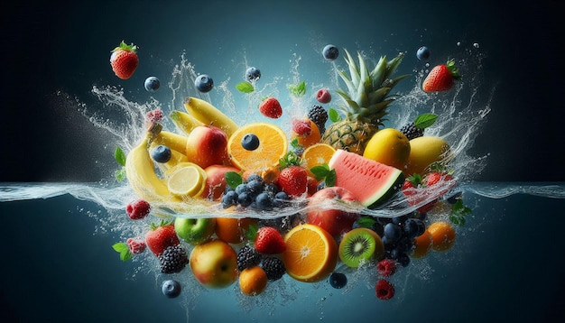 Fresh Fruit Splashing in Water Against a Black Background