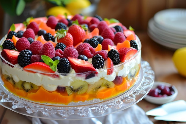 Fresh fruit trifle delight on elegant table setting