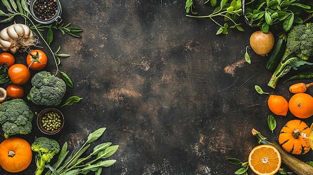 fresh fruit and vegetable frame on dark background