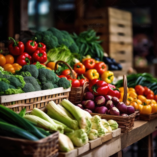 Fresh fruit and vegetables on table Generative AI