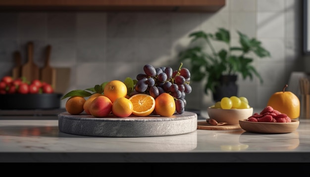 Fresh fruit on wooden table healthy eating in domestic kitchen generated by AI