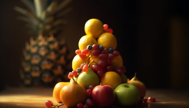 Fresh fruit on wooden table healthy lifestyle generated by AI