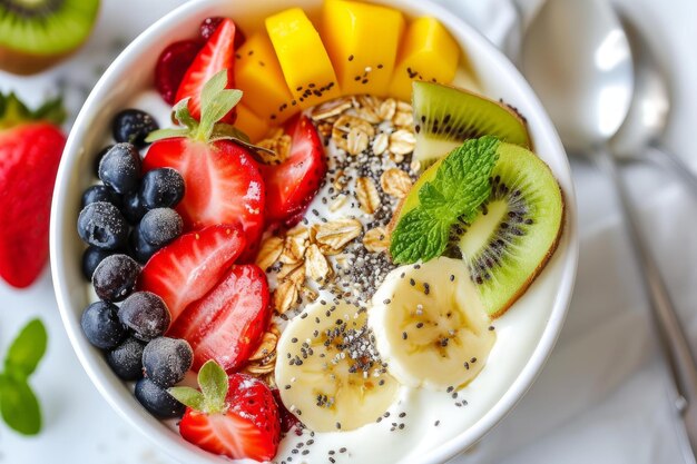 Fresh fruit yogurt bowl with granola and seeds