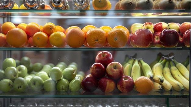 Fresh fruits are on a glass refrigerated shelf