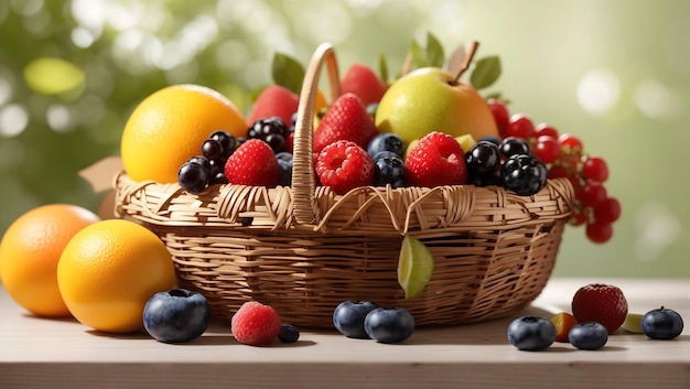 Fresh fruits in a basket on a table with light background