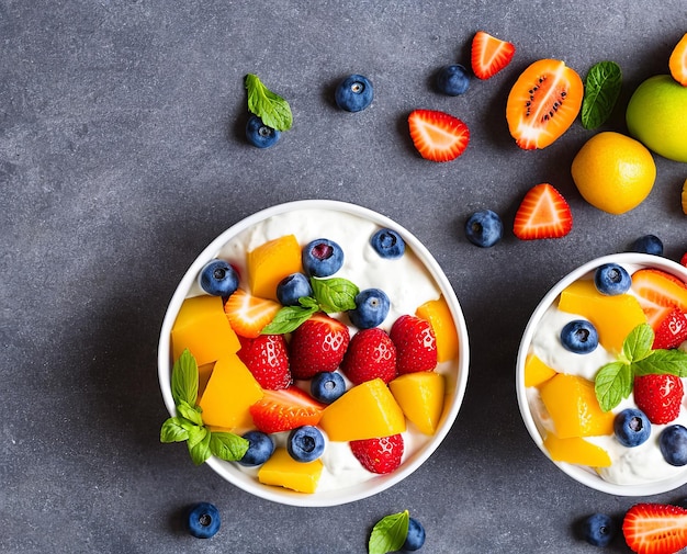 Fresh fruits and berries on a dark background top view free space for your text