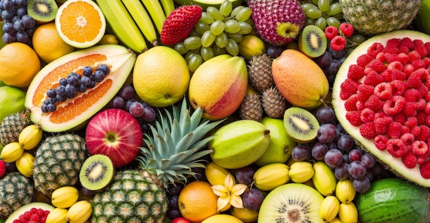 Fresh fruits on black background Variety of raw fruits Colorful various fruits Horizontal pattern from healthy fruits copy space banner