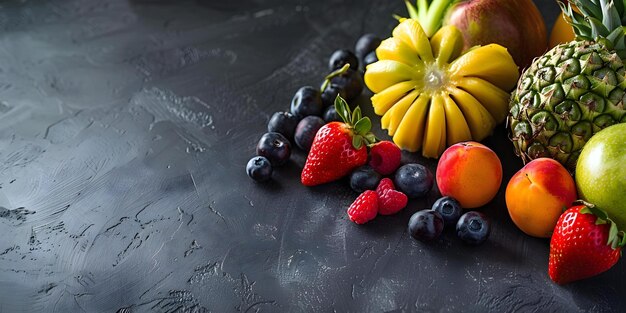 Photo fresh fruits on dark background symbolizing healthy eating and immune support concept healthy lifestyle nutritious diet immune system support dark background setting fresh fruits