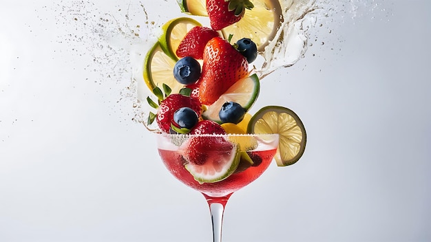 fresh fruits falling into cocktail glass splashing on white background