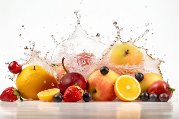 Fresh fruits falling in water splash isolated on white background