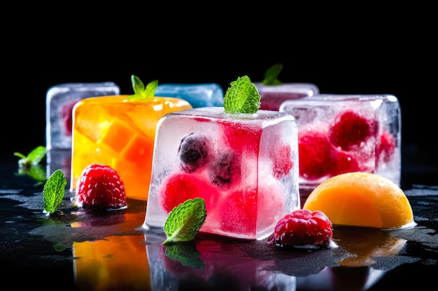 Fresh fruits frozen in ice cubes fresh healthy summer eating ai generative