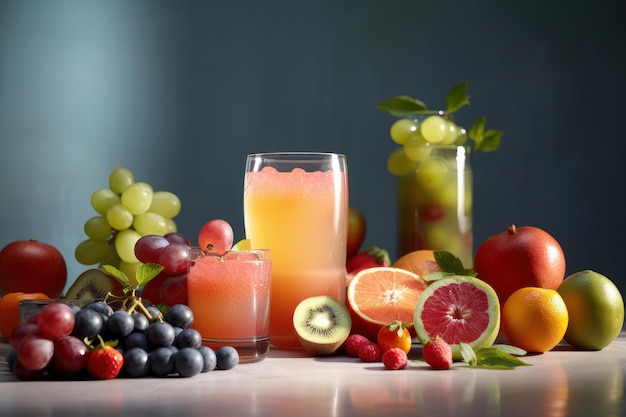 Fresh fruits juice on amazing light background Healthy beverage Created Generative Ai