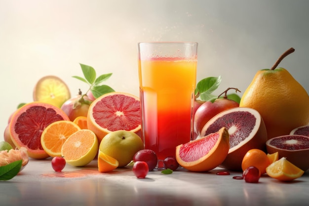 Fresh fruits juice on amazing light background Healthy beverage rich in vitamins Generative Ai