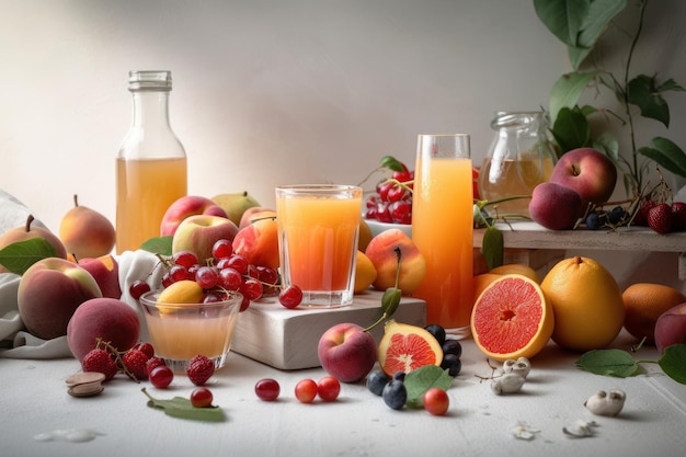 Fresh fruits juice on amazing light background Healthy beverage rich in vitamins Generative Ai