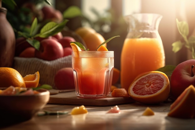 Fresh fruits juice on amazing light background Healthy beverage rich in vitamins Generative Ai