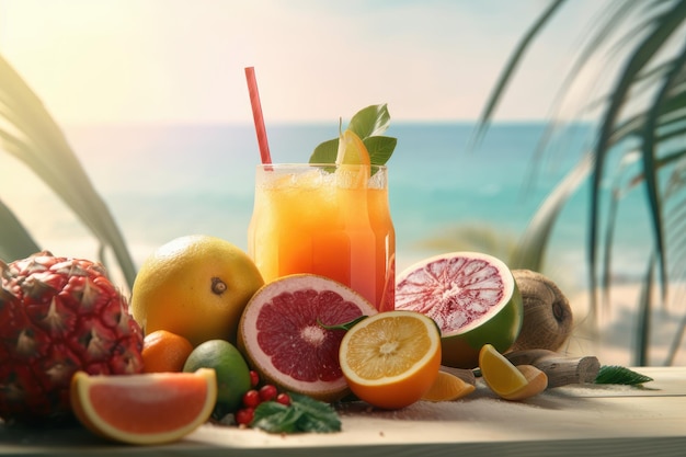 Fresh fruits juice on sea and beach background Healthy summer beverage Created Generative Ai