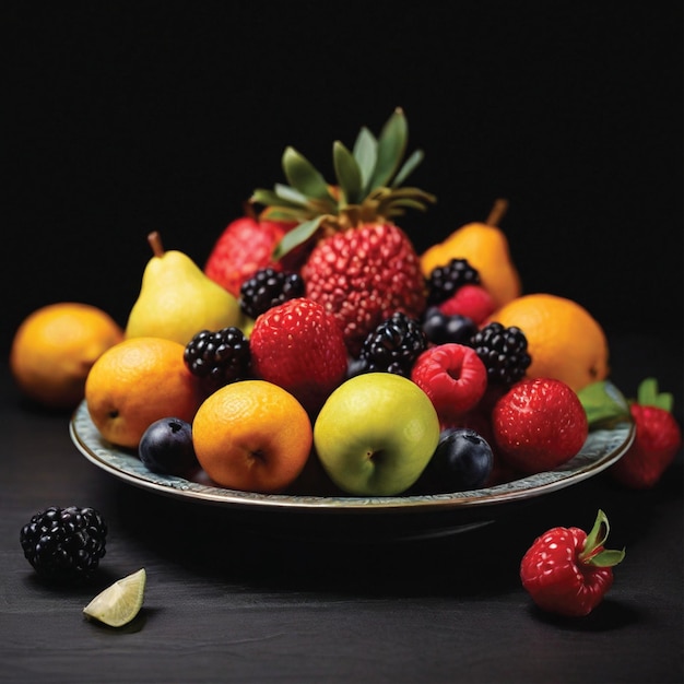 fresh fruits on a plate black background