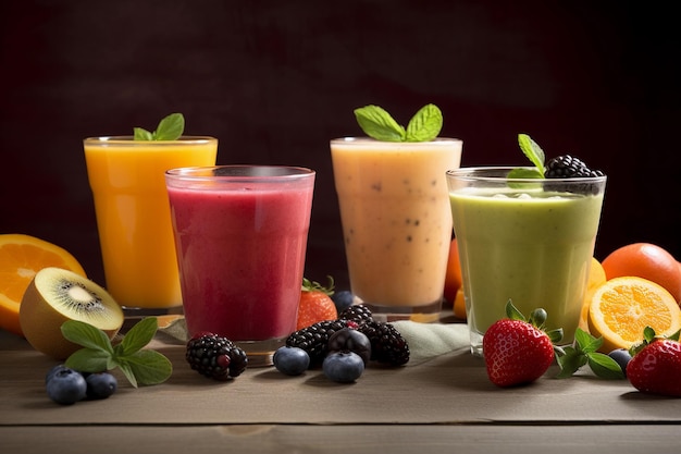 Fresh fruits smoothies closeup of several flavours in a black background