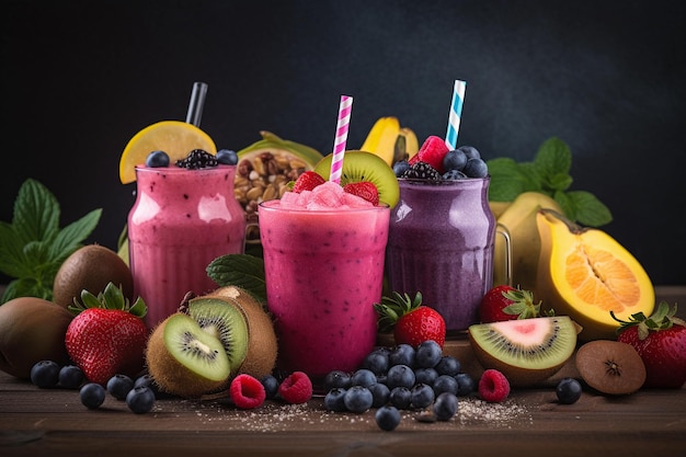 Fresh fruits smoothies closeup of several flavours in a black background