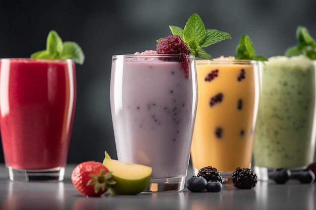 Fresh fruits smoothies closeup of several flavours in a black background