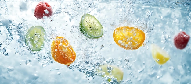 Photo fresh fruits splashing in water with bubbles