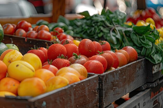 Fresh fruits and vegetables are displayed in the openair market