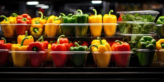 Fresh Fruits and Vegetables Arranged in Plastic Glasses at the Supermarket Concept Healthy Snacking Fresh Produce Supermarket Shopping Food Presentation Colorful Display