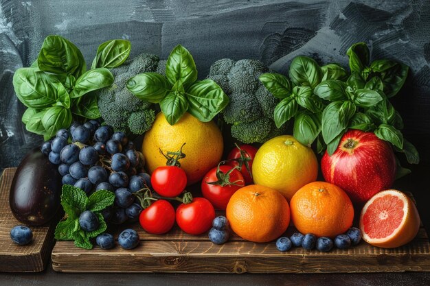 Fresh fruits and vegetables arranged on a wooden table