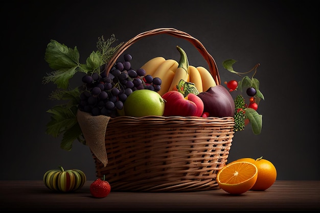 Fresh fruits and vegetables in a basket on a wooden table with a black background generative ai