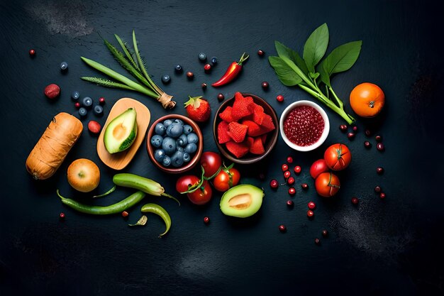 Fresh fruits vegetables and berries On a black background Banner Top view Free space for your te