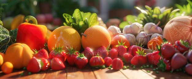 Fresh Fruits And Vegetables Displayed Emphasizing Health And Natural Beauty