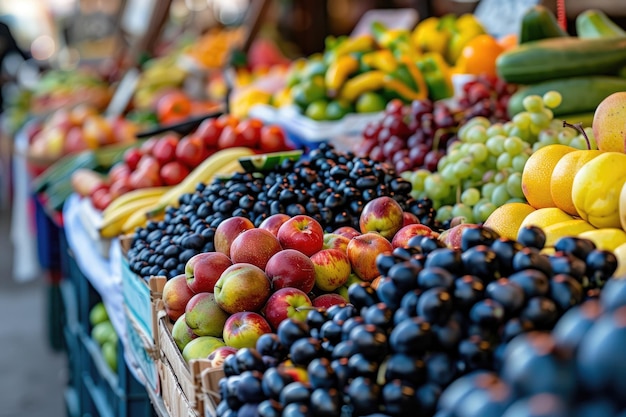 Fresh fruits and vegetables displayed at outdoor market