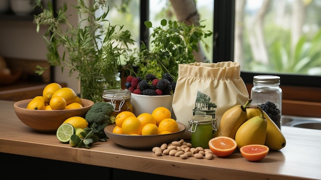 fresh fruits and vegetables in a jars on a wooden table healthy food