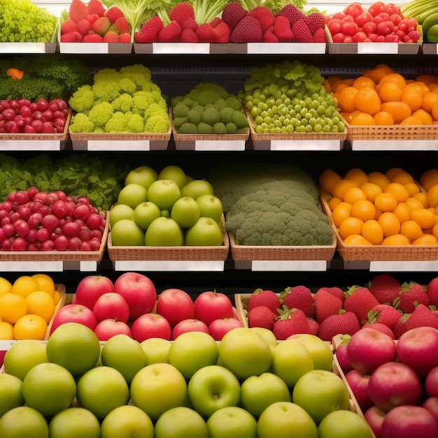 Fresh fruits and vegetables on the shelf in the supermarket Generative AI