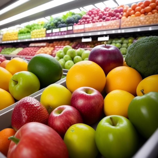 Fresh fruits and vegetables on the shelf in the supermarket Generative AI