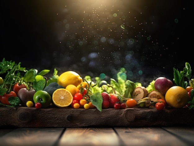 Fresh fruits and vegetables on wooden table Created with Generative AI technology