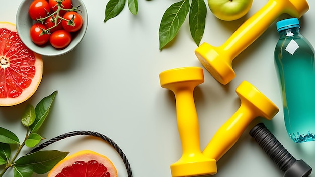 Photo fresh fruits with gym equipment for health and fitness concept